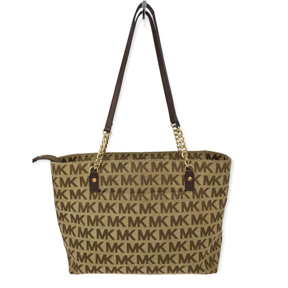 Michael Kors Handbags - Michael Kors Tote Bag Jet Set Canvas Logo Chain Tote Top Zip Gold Tan Zipper OS